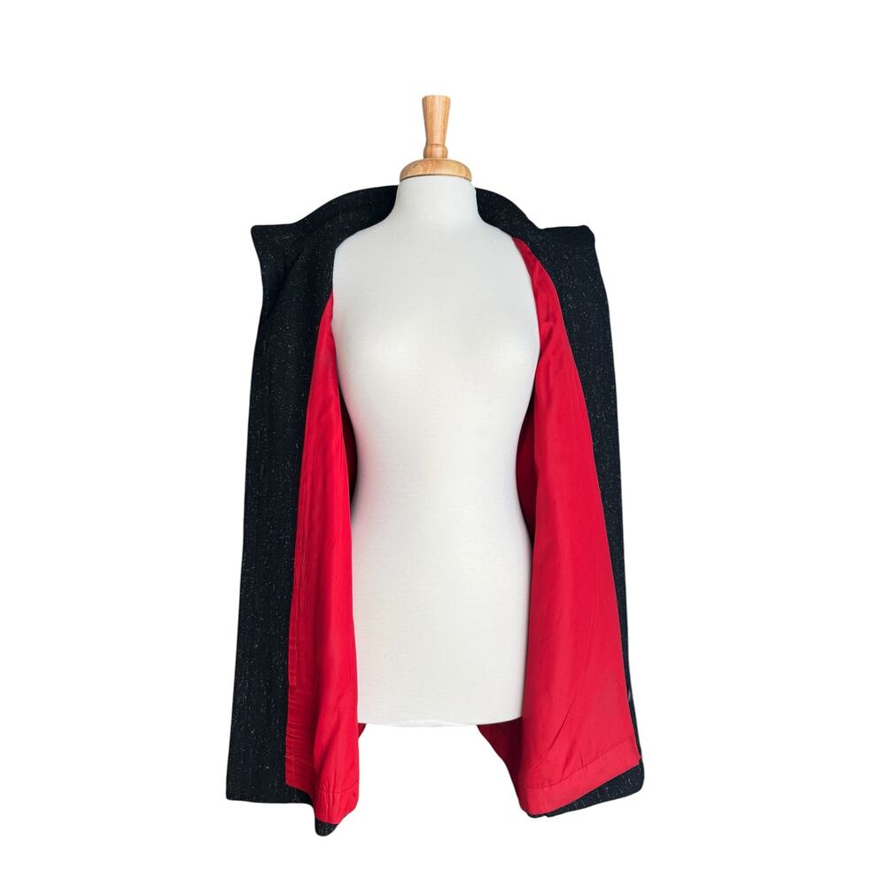 VTG Learsi Black Wool Coat Red Satin Lining 14 Structured Shoulders High Collar